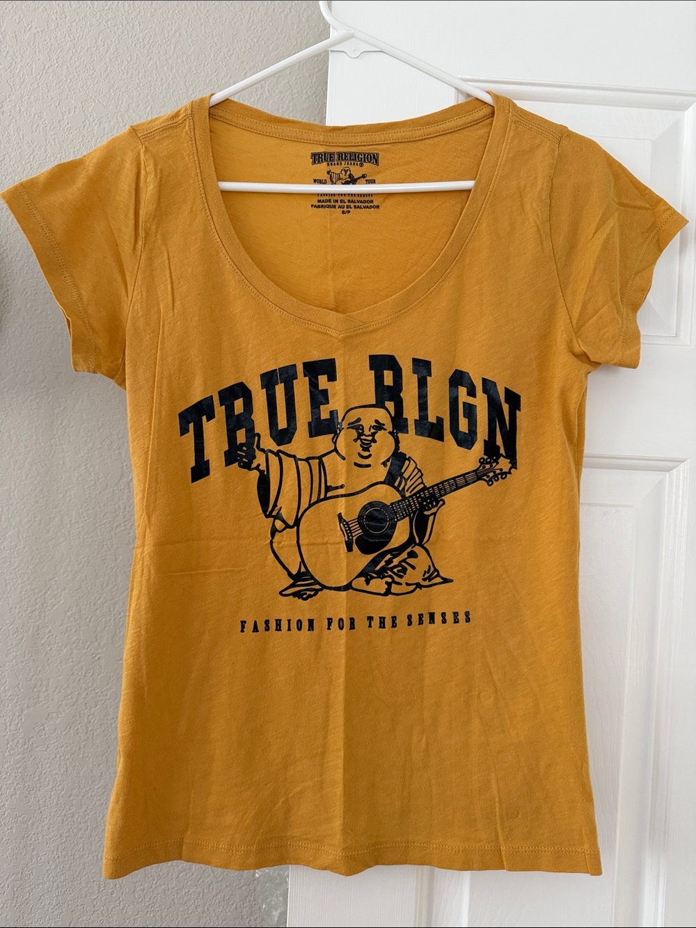 True Religion Mustard Short-Sleeve Graphic Tee with Navy Print